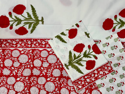 Scarlet Flora  100% Cotton Handblock Printed Flat sheet with Pillow covers