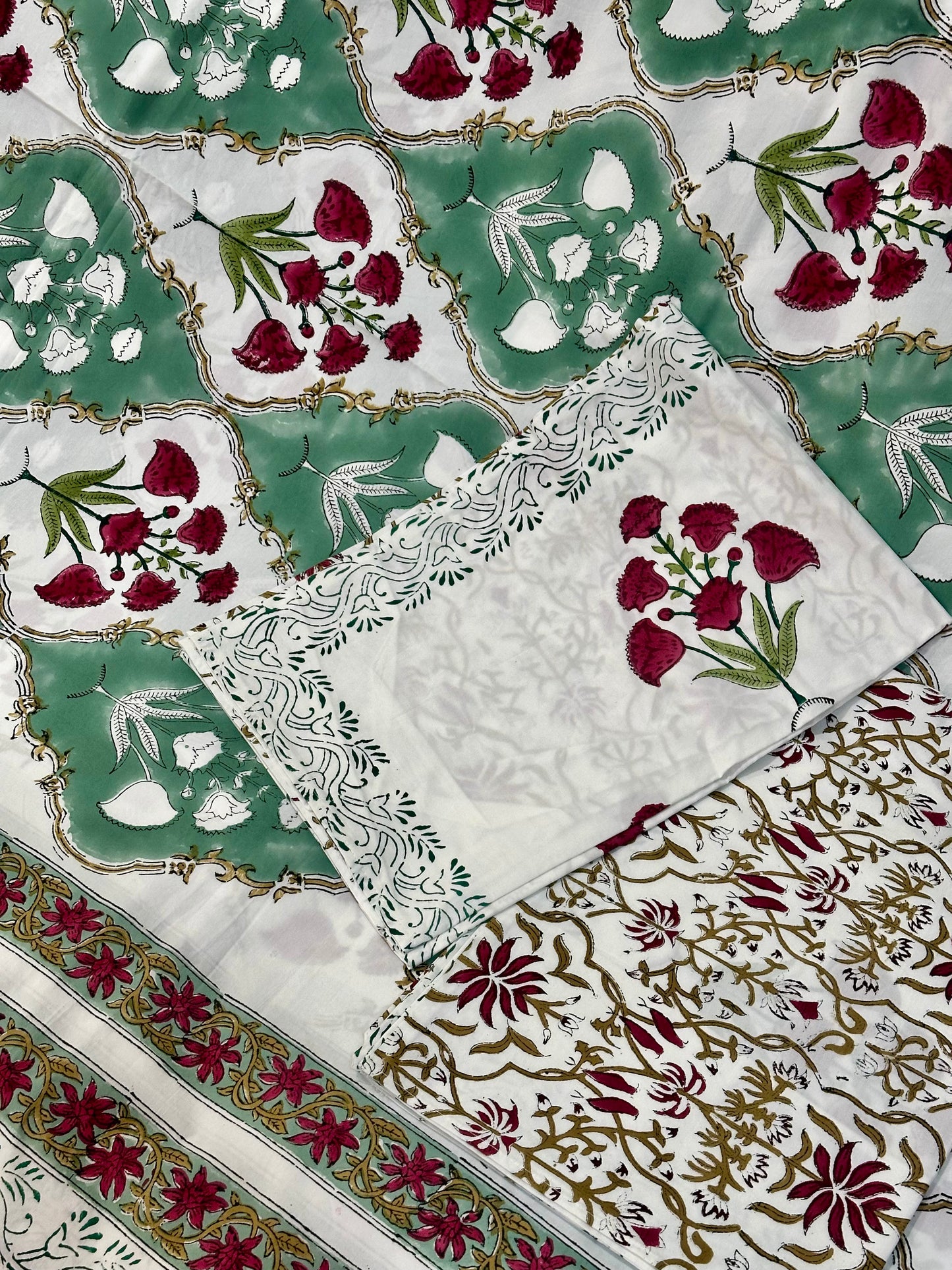 Vine Whisper  100% Cotton Handblock Printed Flat sheet with Pillow covers