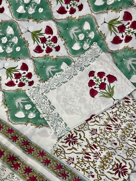 Vine Whisper  100% Cotton Handblock Printed Flat sheet with Pillow covers