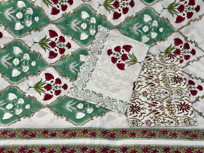 Vine Whisper  100% Cotton Handblock Printed Flat sheet with Pillow covers